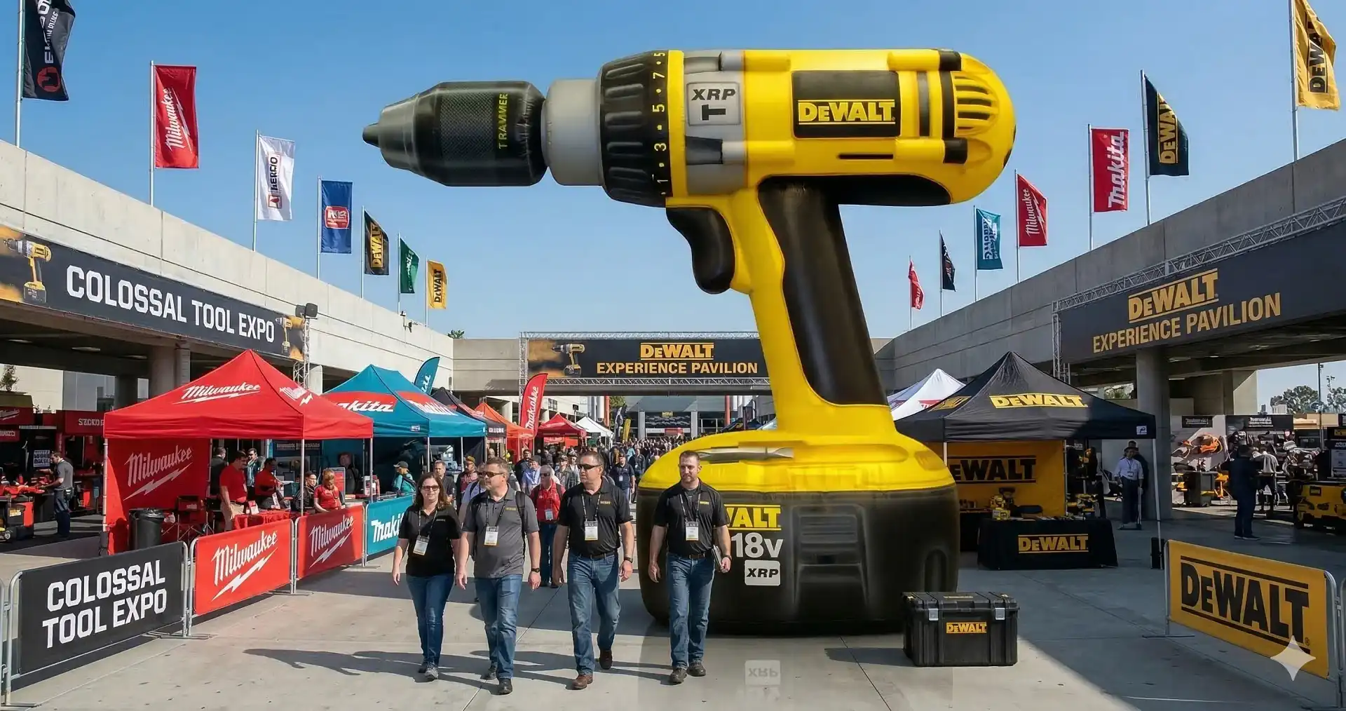 People walk past a giant inflatable replica DeWalt drill at an outdoor tool expo, surrounded by colorful vendor tents and banners from various tool brands under a clear blue sky.