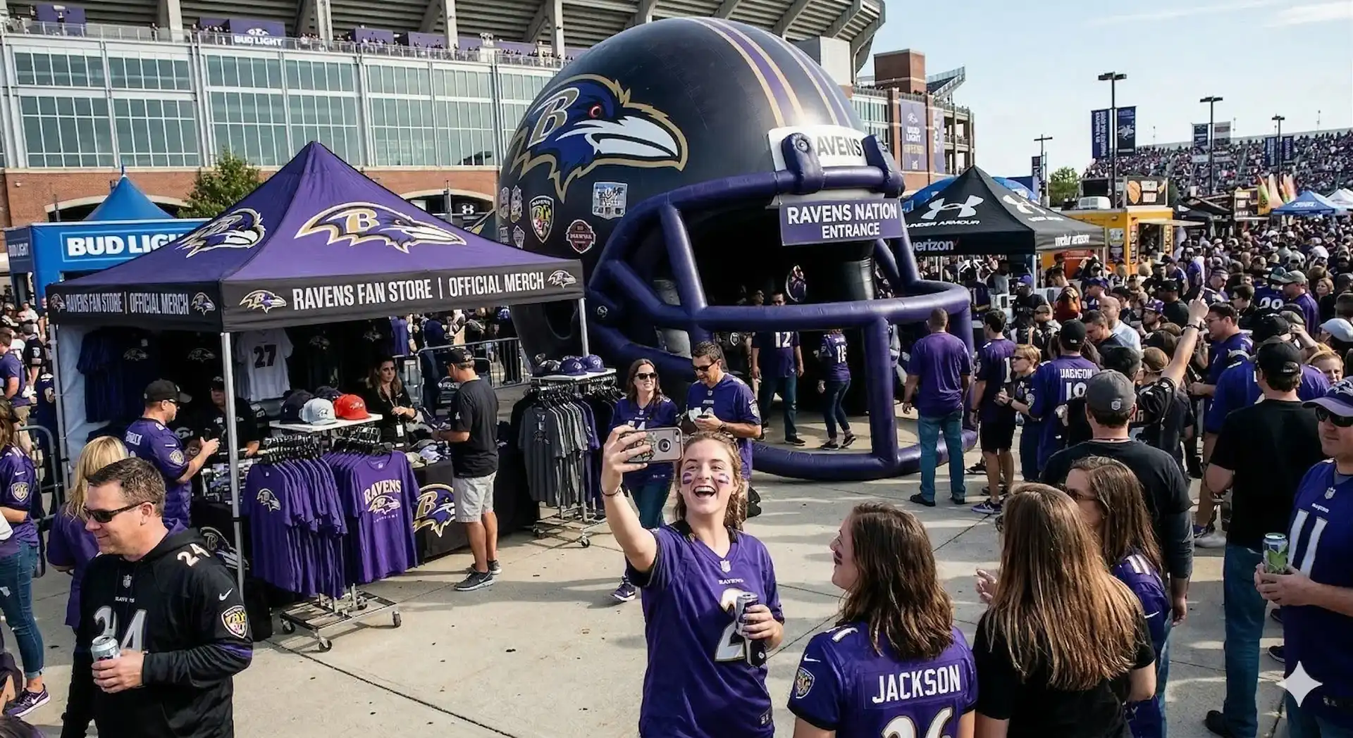 Fans wearing Baltimore Ravens gear gather outside a stadium, with a giant Ravens inflatable helmet replica and merchandise tents in the background. Some people are shopping, while a group takes a selfie and smiles at the camera.