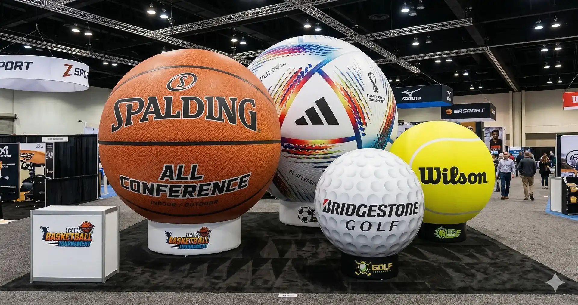 Several inflatable replica sports balls, including a Spalding basketball, an Adidas soccer ball, a Bridgestone golf ball, and a Wilson tennis ball, are displayed indoors at a sports expo.