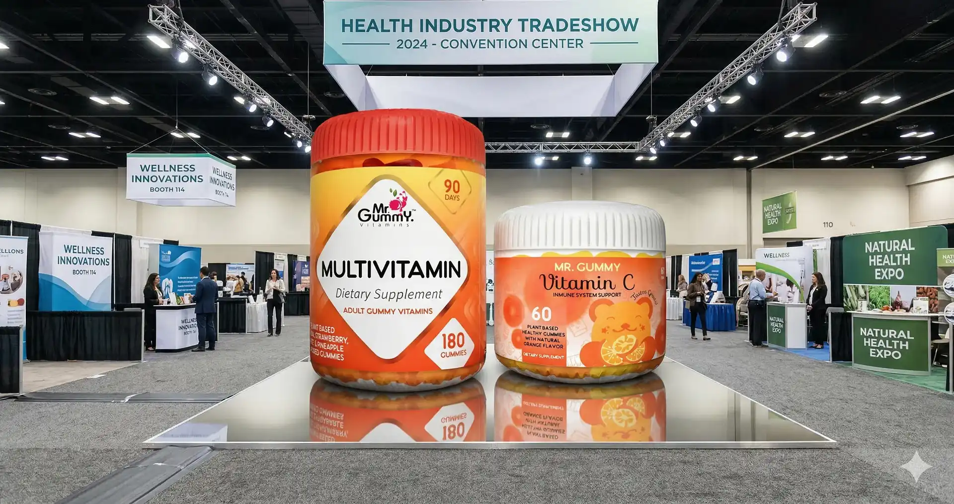 A convention center tradeshow features inflatable replicas of multivitamin and vitamin C gummy supplement bottles as the centerpiece, surrounded by exhibition booths and attendees. Signs indicate it is the Health Industry Tradeshow 2024.