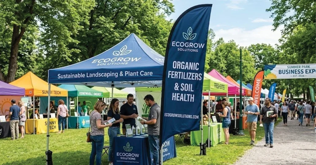 A group of people visit colorful booths at an outdoor business expo in a park. The foreground features an EcoGrow Solutions tent promoting sustainable landscaping and plant care. Trees and more visitors are visible in the background.