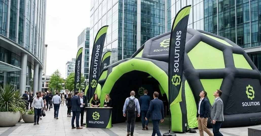 People walk past and interact at a black and green inflatable dome with SOLUTIONS flags outside a modern office building; some stop at tables set up at the entrance.