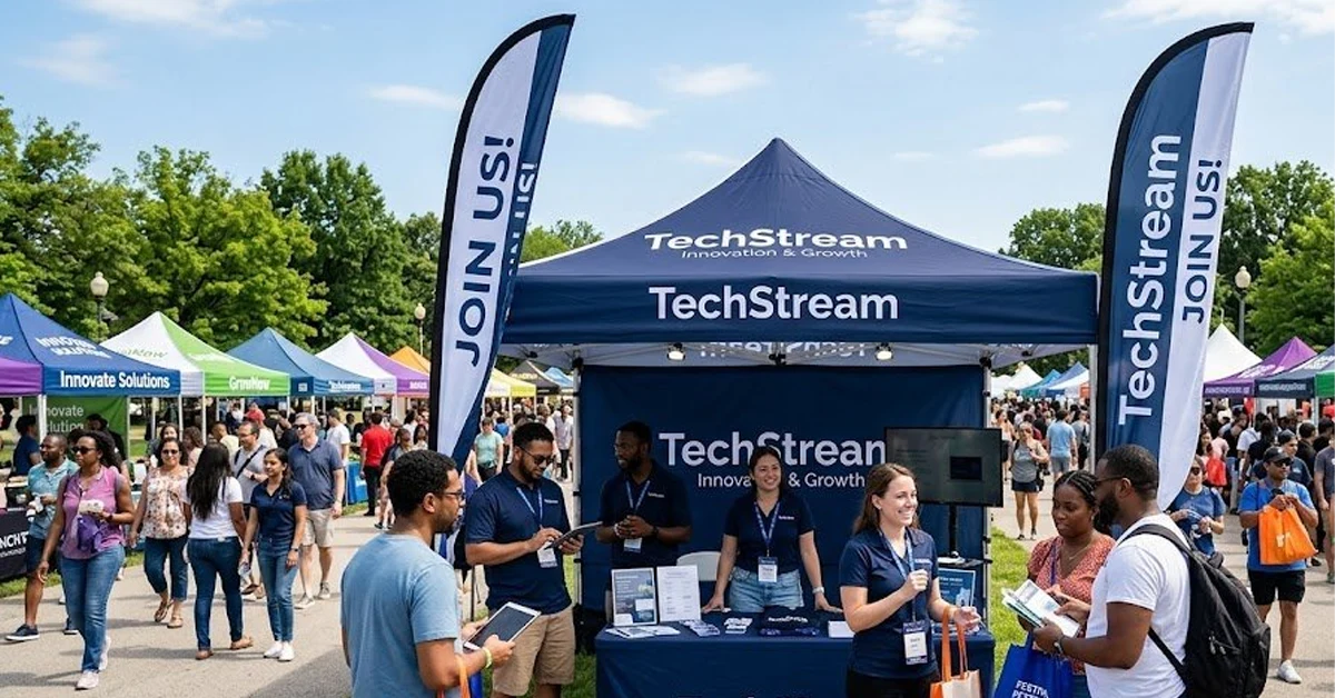 People gather at an outdoor tech fair, visiting booths under colorful tents. A group stands at the TechStream booth with banners reading JOIN US! on a sunny day, with trees in the background.